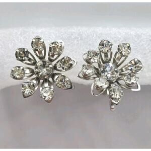 Earrings Vintage Atomic Starburst Flower Bugbee Niles BN Clear Rhinestones S3243